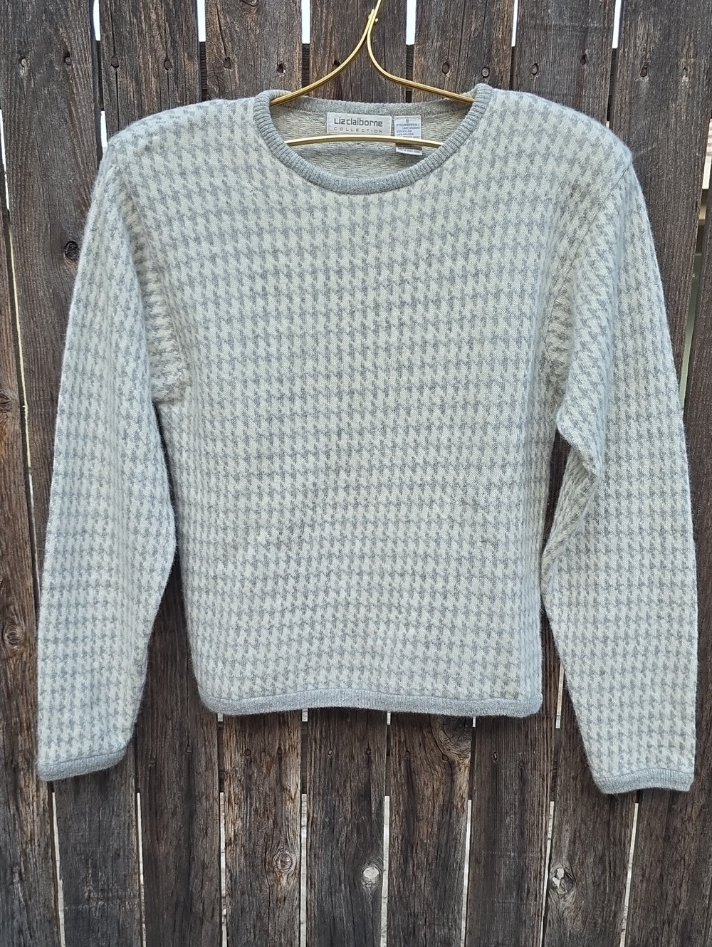 Liz Claiborne Vintage Light Gray Houndstooth Crewneck Sweater Lambswool Angora